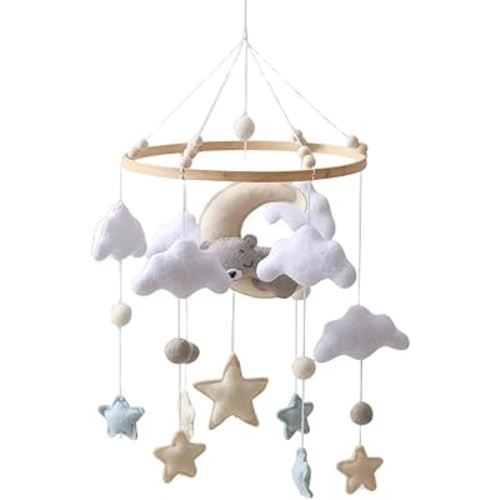 GOODMOM Sleeping Bear Baby Crib Mobile Handmade Soothing Bedtime Baby Mobile for Crib Felt Night Mood Nursery Decor for Baby Boy&Girl Easy Assembly & Durable Newborn Gift (Moon Bear)