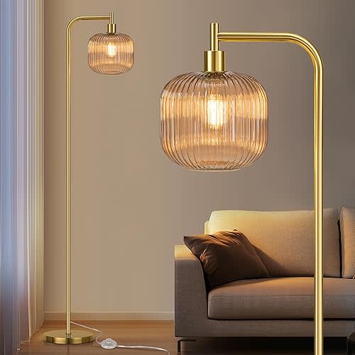 QiMH Glass Floor Lamp for Living Room, Modern Standing Lamp with Ribbed Champagne Glass Lampshade Pedal Switch, 67” Tall Lamp for Bedroom Study Room, Brushed Gold (2700K LED Bulb Included)