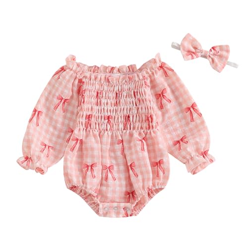 Aiwpstoin Infant Baby Girl Bubble Romper Boho Clothes Long Sleeve Cotton Smocked Jumpsuit Outfit with Headband