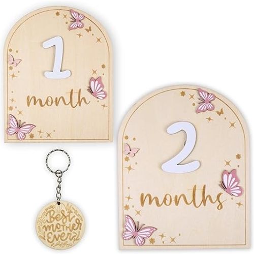 Monthly Baby Milestone Wooden Circle - Baby Monthly Milestone Sign - Months Baby Milestone Signs Cards - Newborn Gift for Girl and Boy - 1-12 Months (Butterfly)