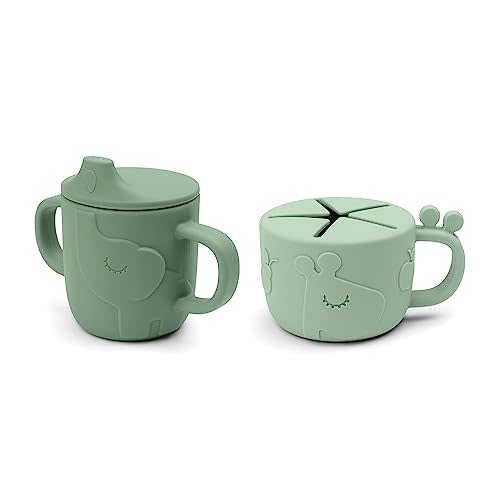 Done by Deer Peekaboo Spout/Snack Cup Set Deer Friends Green - 100% Food-Grade Silicone, Easy-Grip Handles, Shatterproof, Dishwasher Safe, Microwave and Freezer Safe, Cute Giraffe and Elephant Design.