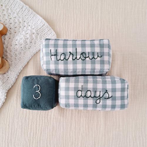 Personalized Baby Milestone Blocks in Teal Blue Checkered - Perfect Baby Shower Gift for New Mom