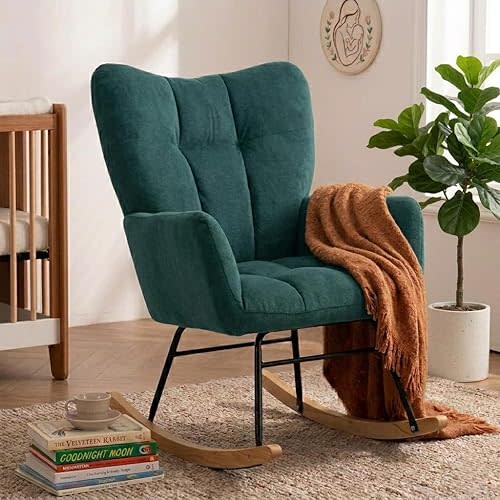 Skandiquip Nursery Rocking Chair, Rocking Chairs for Nursery, Baby Rocker Chair, Glider Rocker, Anti-Tip Safety Design, 440 Lb Weight Capacity, Cotton Fabric Cover, Green