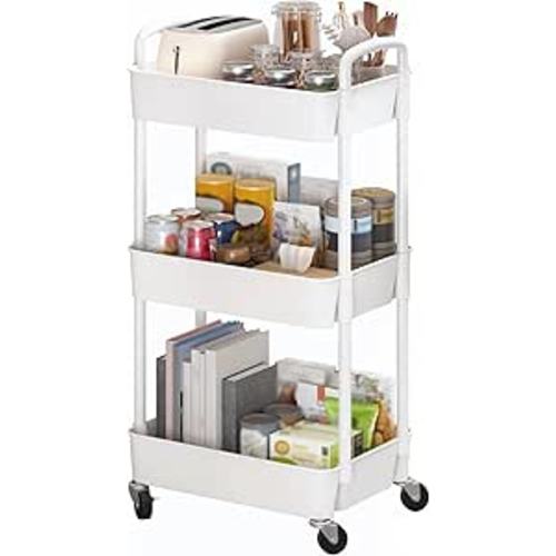 Sywhitta 3-Tier Plastic Rolling Utility Cart with Handle, Multi-Functional Storage Trolley for Office, Living Room, Kitchen, Movable Storage Organizer with Wheels, White