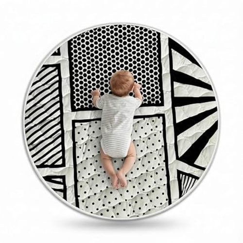 Byrd & Blume Round Baby Play Mat, Reversible Quilted Organic Cotton, High Contrast Black & White Tummy Time Mat, Soft Padded Non Toxic Nursery Rug, Foldable Portable, 40 Inch