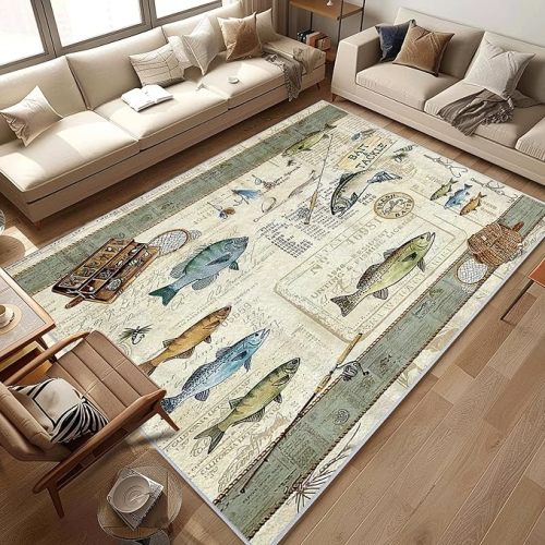Fishing Living Room Rug 5x7 Cabin Modern Area Rugs, Machine Washable Rug for Bedroom, Low Pile Soft Large Carpet for Dining Room Office Non Slip