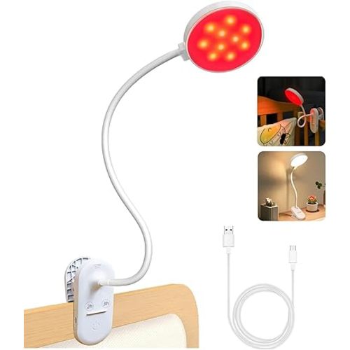 SZOKLED Red Light Reading Lights for Books in Bed, Clip on Lamp with Timer & Dimmable, Rechargeable Eye Care Night Light for Bedroom, Desk, Laptop, Headboard