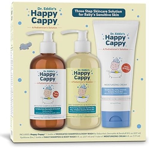 Happy Cappy Three Step Skincare Solution Bundle- Baby Dandruff Shampoo, Eczema Body Wash and Lotion for Kids, Toddler, Adults, Moisturizing Cream, Reduces Itching, Dermatologist Tested, Fragrance-Free