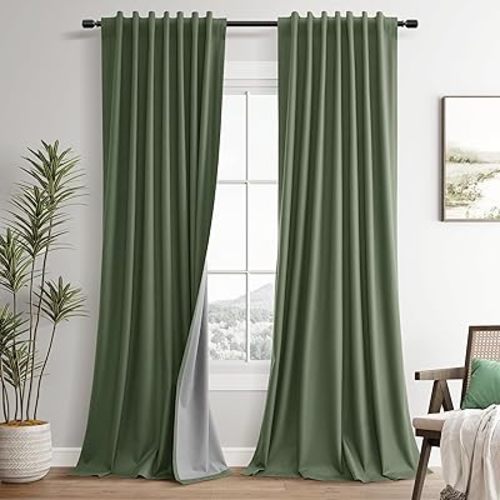 Olive Green Linen Blackout Curtains for Living Room 120 Inches Long Back Tab Hook Belt Room Darkening Thermal Insulated Sound Proof Curtains for Bedroom Sliding Door 2 Panels Set 52x120 10Ft
