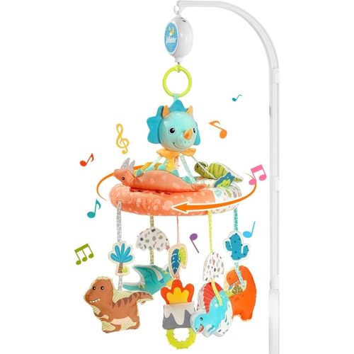 Jollybaby Nursery Baby Automatic Rotating Dinosaur Crib Mobile with Music Box & Arm, Montessori Sensory Musical Hanging Toy for Bassinet, Newborn Clip on Crib Mobile Soother Toy Gift, Polyester