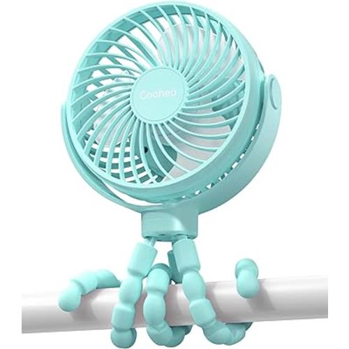 Stroller Fan Battery Operated Fan USB Rechargeable Portable Fan Small Baby Fan with Flexible Tripod Cooling Fan Clip on for Stroller Car Seat Backseat Crib Bike Trip Beach, 3 Speeds Wind, Blue