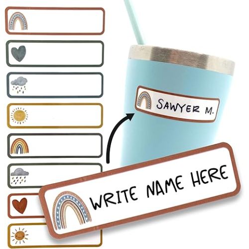 Riverwalk Original Boho Rainbow Design - Baby Bottle Labels for Daycare, Preschool, School Supplies - Waterproof Write-on Name Labels for Kids - Daycare Labels - All Purpose Labels - Pack of 32