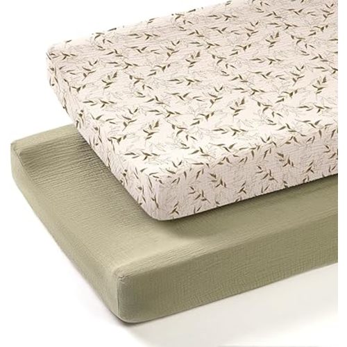 lulumoon Muslin Changing Pad Cover: 2-Pack Soft Breathable Cotton Boho Neutral Print for Baby Girls Boys - Nursery & Baby Shower
