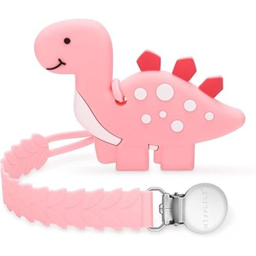 Teething Toys for Babies 3 Months+ Baby Teethers with Clip Silicone Baby Teether Toys for Boys and Girls Infant Teething Relief for Teething Dinosaur Shape, Pink