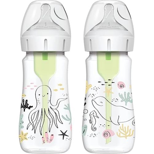 Dr. Brown’s Natural Flow® Anti-Colic Options+™ Wide-Neck Baby Bottle Designer Edition Bottles, Ocean Decos, 9 oz/270 mL, Level 1 Nipple, 2-Pack, 0m+