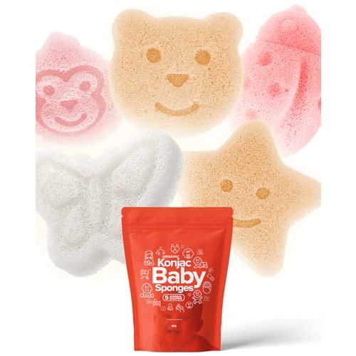 Konjac Baby Sponge for Bathing | Natural Cute Shapes | Kids Bath sponges for Infants | Toddler Bath time | Safe Organic Plant-Based | 5pcs Set : Bear, Monkey, Butterfly, Ladybug, Star