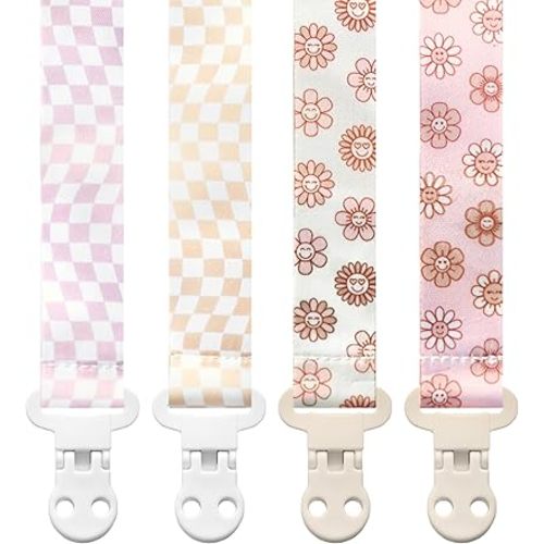 Baby Pacifier Clip Holder - Girl 4 Pack Gift Set – Retro Checker Smiley Flowers Floral Pink Beige Yellow