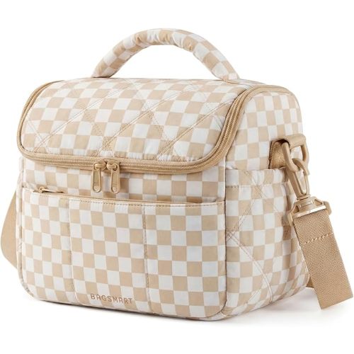 BAGSMART Insulated Lunch Bags for Women, Cute Quilted Lunch Box, Lightweight Puffy Padded Waterproof Lunch Tote, Reusable Lunch Cooler for Work Picnic Travel, Brown Checkerboard