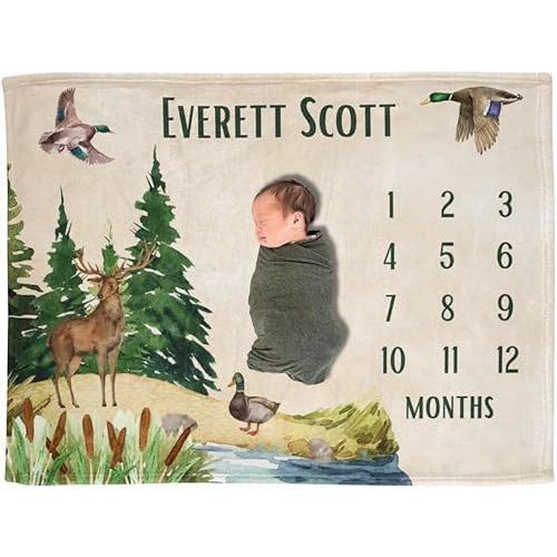 Monthly Baby Milestone Blanket Boy, Duck Hunting Milestone Blankets Baby, Personalized Deer Hunting Baby Boy Name Blanket, Babys First Days, Growth Tracker, Newborn Shower Gift , 30"X40", 40"X50"