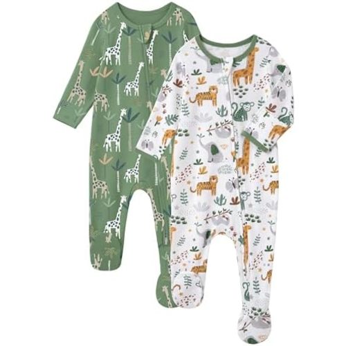 Baby Sleepers 100% Cotton Footie Pajamas, Newborn 0-3 3-6 6-9 Months with 2-Way Zipper, 2pcs PJs Baby Boy Clothes