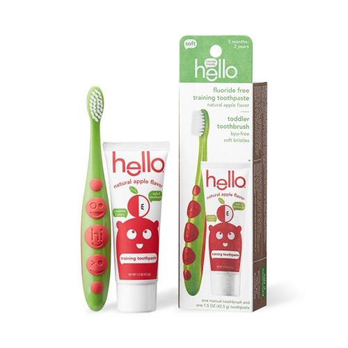 Hello Natural Apple Flavored Toothpaste and Toddler Toothbrush Bundle Fluoride Free - 1.5oz