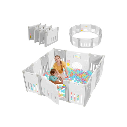 Baby Playpen, Dripex Baby Playard for Babies and Toddlers, 14-Panel Foldable Playpen Adjustable Portable Play Area, Indoor/Outdoor Kids Active Center with Game Panel & Safety Gate, Grey White