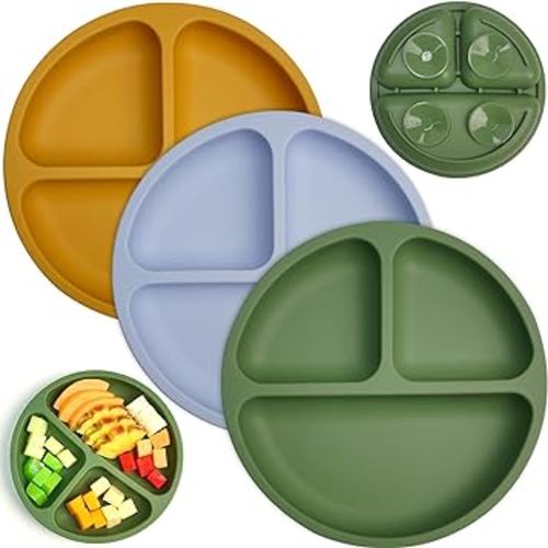 Suction Plates for Babies & Toddlers, 3 Pack Divided Toddler Plates-Food Grade Silicone/BPA Free, Quadruple Suction Non-Slip Design, Baby Led Weaning Supplies, Dishwasher Safe