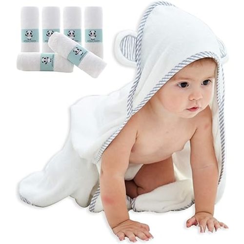 HIPHOP PANDA Hooded Baby Towel and Washcloths Set - 2 Layer Ultra Soft Absorbent Towel - Newborn Bath Face Towel - Natural Reusable Baby Wipes for Sensitive Skin - Baby Registry as Shower