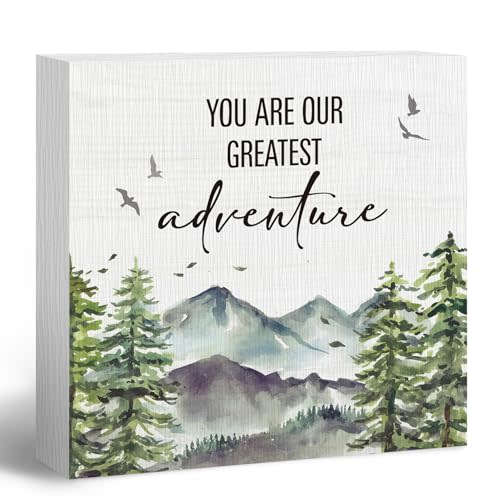 ANIANG Woodland Nursery Wooden Box Sign, Inspirational Desk Decor, Forest Mountain You Are Our Greatest Adventure Wood Block Box Sign Plaque for Kids Baby Boys Room Nursery Wall Shelf Decor