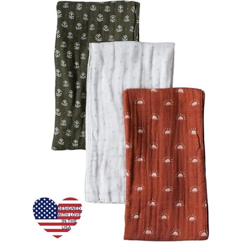 Organic Muslin Burp Cloths, Set of 3 | 100% Cotton Boho Extra-Large 22"x12" Soft Absorbent Shower Gift Essentials Gear Three Pack Burping Cloth Rags Towels for Newborn Boys Girls
