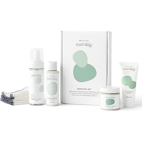 Esembly Skincare Kit, Baby Arrival Gift Set with Organic Diaper Creams, Reusable Organic Cotton Wipes and Wipe Cleanser with Foamer - Baby Essentials for Cloth Diapering - For Mama and Baby