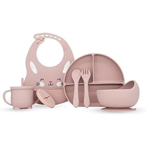 8-piece Silicone Baby Feeding Set - Animal Print Baby Essentials - Toddler Plates & Cup with Lid - Baby Led Weaning Supplies - Adjustable Bibs Microwave - Dishwasher Safe - BPA-free - Pink