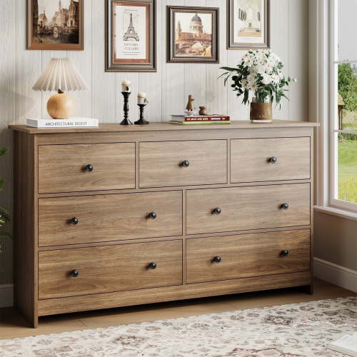 YouTrend Modern Brown Wooden 7 Drawer Dresser for Bedroom Living Room Storage