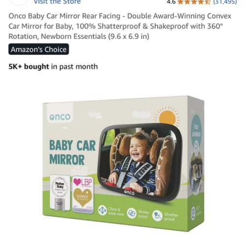 Onco Baby Car Mirror Rear Facing - Double Award-Winning Convex Car Mirror for Baby, 100% Shatterproof & Shakeproof with 360° Rotation, Newborn Essentials (9.6 x 6.9 in)
