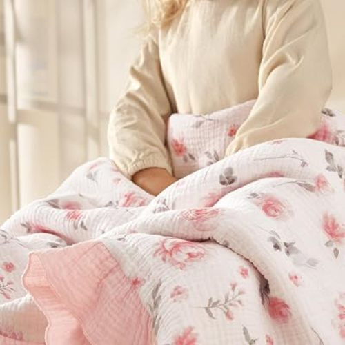 david's kids 100% Muslin Cotton Flounce Baby Blanket for Girls, 47‘’x47''