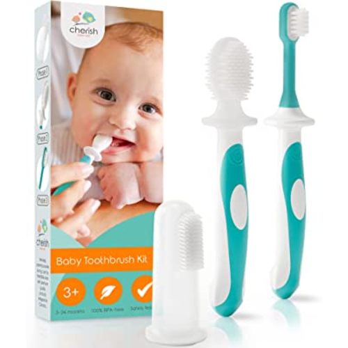 Cherish Baby Care Baby Toothbrush Set (3-24 Months) - BPA-Free Baby Finger Toothbrush, Training Toothbrush & Toddler Toothbrush - Designed in Canada - Complete Baby’s First Toothbrush Kit (Teal)