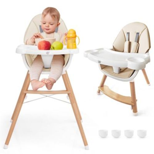 Infans Baby High Chair Wooden Feeding Chair W/ 4-gear Tray & Removable Cushion Beige