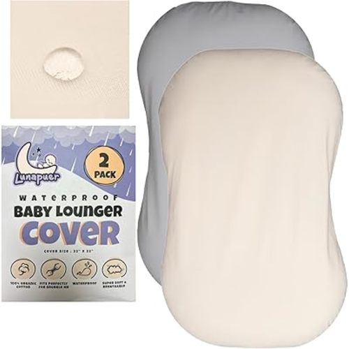 100% Waterproof Baby Lounger Cover - 2-Ply Organic Cotton Slipcovers Keep Your Lounger Clean & Your Baby Comfy - Machine Washable - (Lounger Not Included) - 2-Pack Includes Gray & Off-White