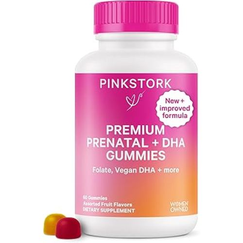 Pink Stork Premium Prenatal Gummy Vitamins with DHA, Folate, and Vitamin D - Multivitamin and Nutrient Blend for Neural Tube and Fetal Brain Development - Pregnancy Must Haves - 60 Vegan Gummies
