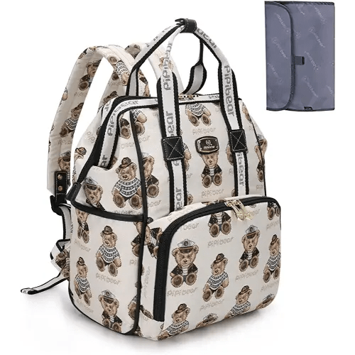 pipi bear Diaper Bag Backpack, Stylish Cute Travel Baby Diaper Bag, Jacquard Maternity Nappy Bag for Mom and Dad with Changing Pad, Cream