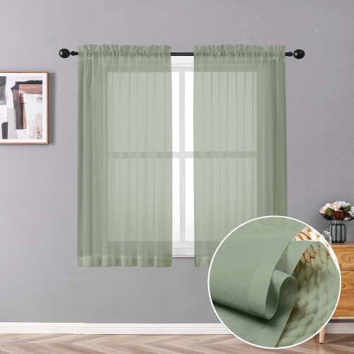 OVZME Sheer Window Curtains 54 inch Long 2 Panels, Short Voile Drapes for Kitchen Dinning Small Windows Kids Room Bathroom Living Room Bedroom, Rod Pocket, 42Wx54L inches, Sage Green