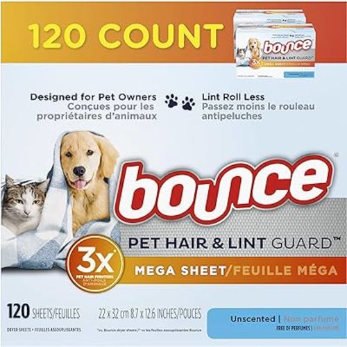 Bouce Bounce Pet Hair and Lint Guard Mega Dryer Sheets for Laundry, Fabric Softener with 3X Pet Hair Fighters, Unscented, Hypoallergenic, 120 Count