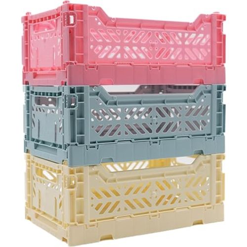 Collapsible Storage Box, Foldable Crate Organizer Bin with Handle, Stackable Crates for Home Organization (Pink-Blue-Cream, 4L - 3-Pack)