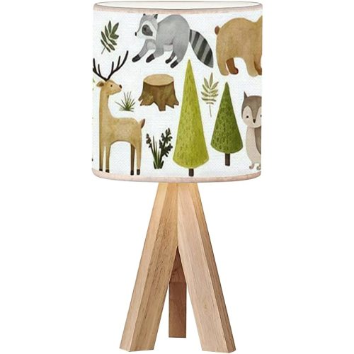 Tripod Bedside Desk Table Lamp Forest Animal Clipart Cute Raccoon Nightstand Lamp with Linen Fabric Shade for Nursery Bedroom Living Room Kids Room