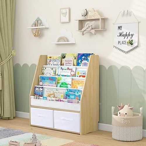 MallBest Toddler Bookshelf – Solid Wood Book Display Rack with Storage Bins, Easy to Assemble, Ages 1-5 (Natural)