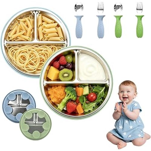 Stainless Steel Baby Feeding Set, 2 Set Toddler Utensils Baby Feeding Set, 2 Pack Divided Plates with 2 Pack Silicone Spoon and Fork, BPA-Free Weaning Tableware for Self-Feeding