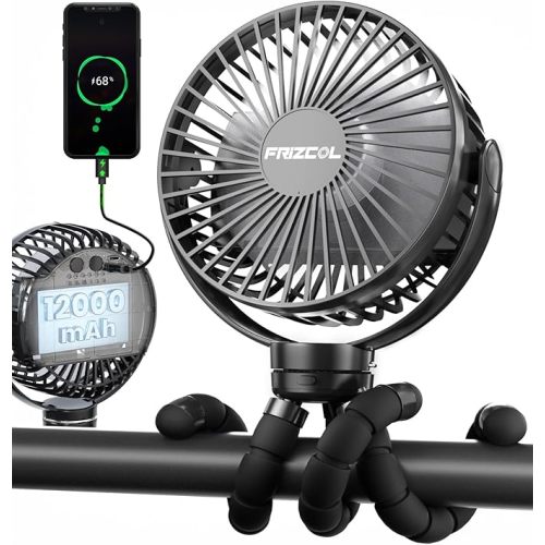 FRIZCOL Portable Stroller Fan, Use As Power Bank, 65H 12000mAh Battery Operated Fan Flexible Tripod Baby Car Seat Fans with Timming, Personal Mini Handheld/Desk/Small Clip On Fans For Stroller