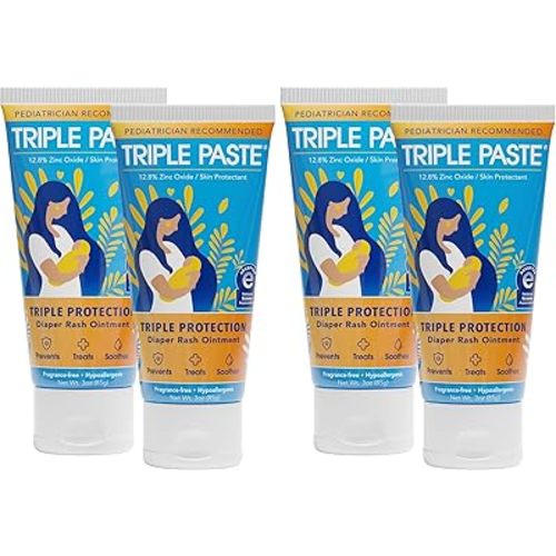 Triple Paste Diaper Rash Cream for Baby,3 Oz,Zinc Oxide Ointment Treats,Soothes & Prevents Diaper Rash,Pediatrician-Recommended & Hypoallergenic,Baby Essentials for Daily-& Overnight,(Pack of 4)