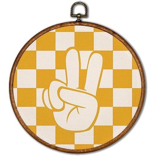 KSDUT Yellow and White Room Wall Art Decor - Yellow Checkered Preppy Wall Art Canvas Frame Hanging Prints, Peace Sign Trendy Wall Art Decor for Home Girls Boys Room Dorm Decorations 10"x10"