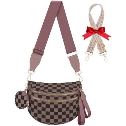 Bum Bags for Women Checkered Crossbody Bag Large Nylon Belt Purse Fanny Packs, Bonus with a Extra Strap
